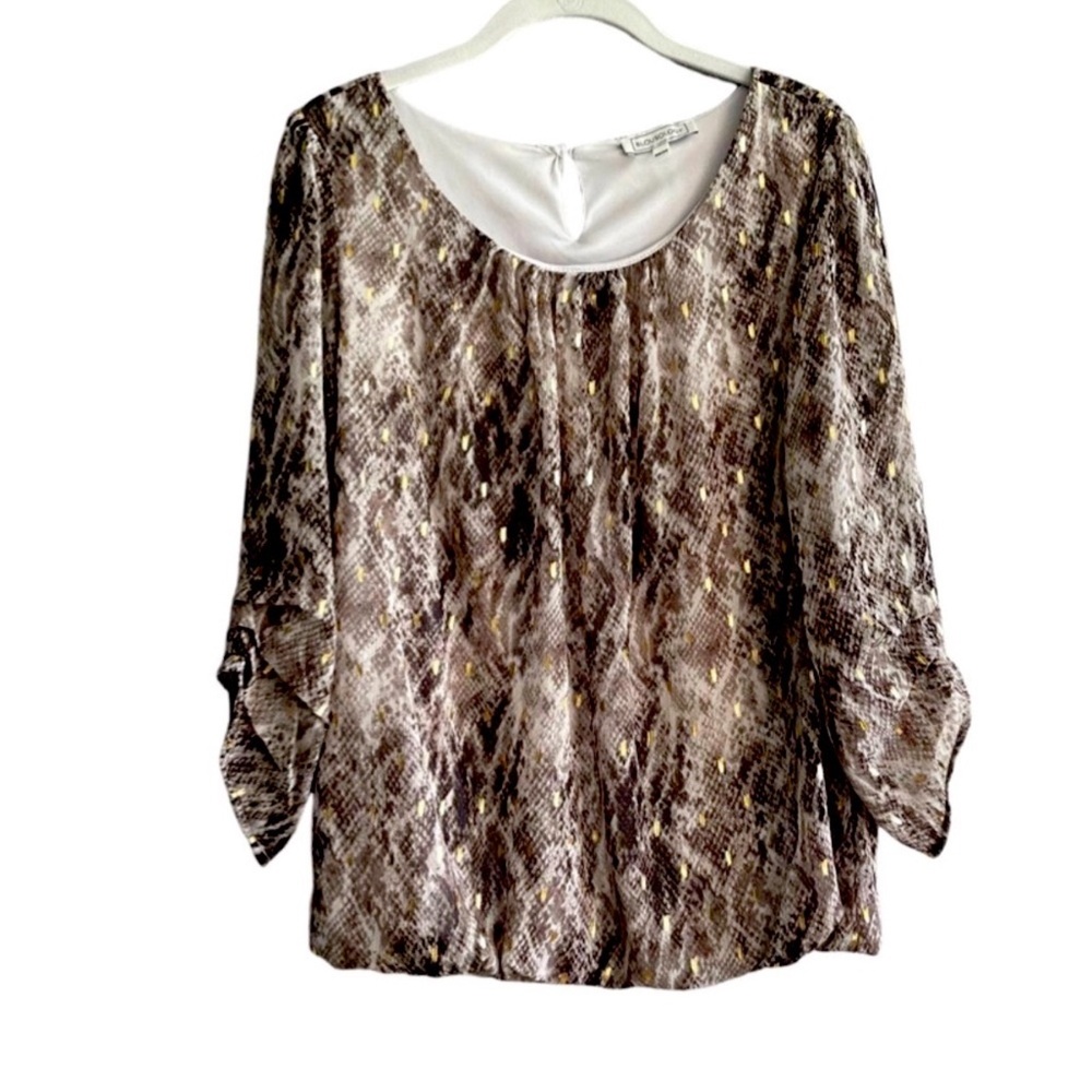 Blousology Relaxed Fit Chiffon Blouse Metallic Flecks Brown Cream Size M